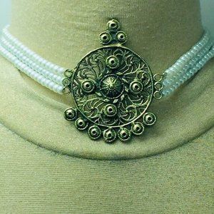 Handmade White Pearl Choker Necklace: Tribal Jewelry Set with Ring & Earrings